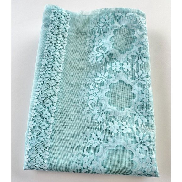 Vintage 70s curtain, light blue floral mesh, sheer, rod heading - Picture 9 of 9